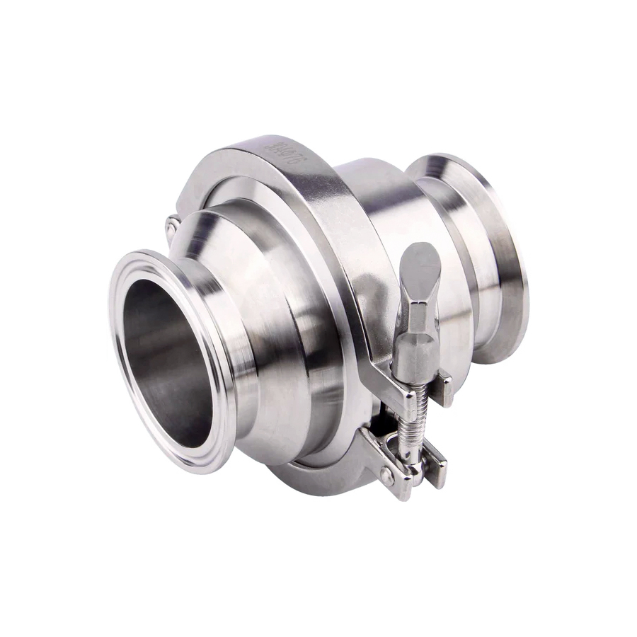 Sanitary Spring Check Valve installed in a vertical stainless steel pipeline