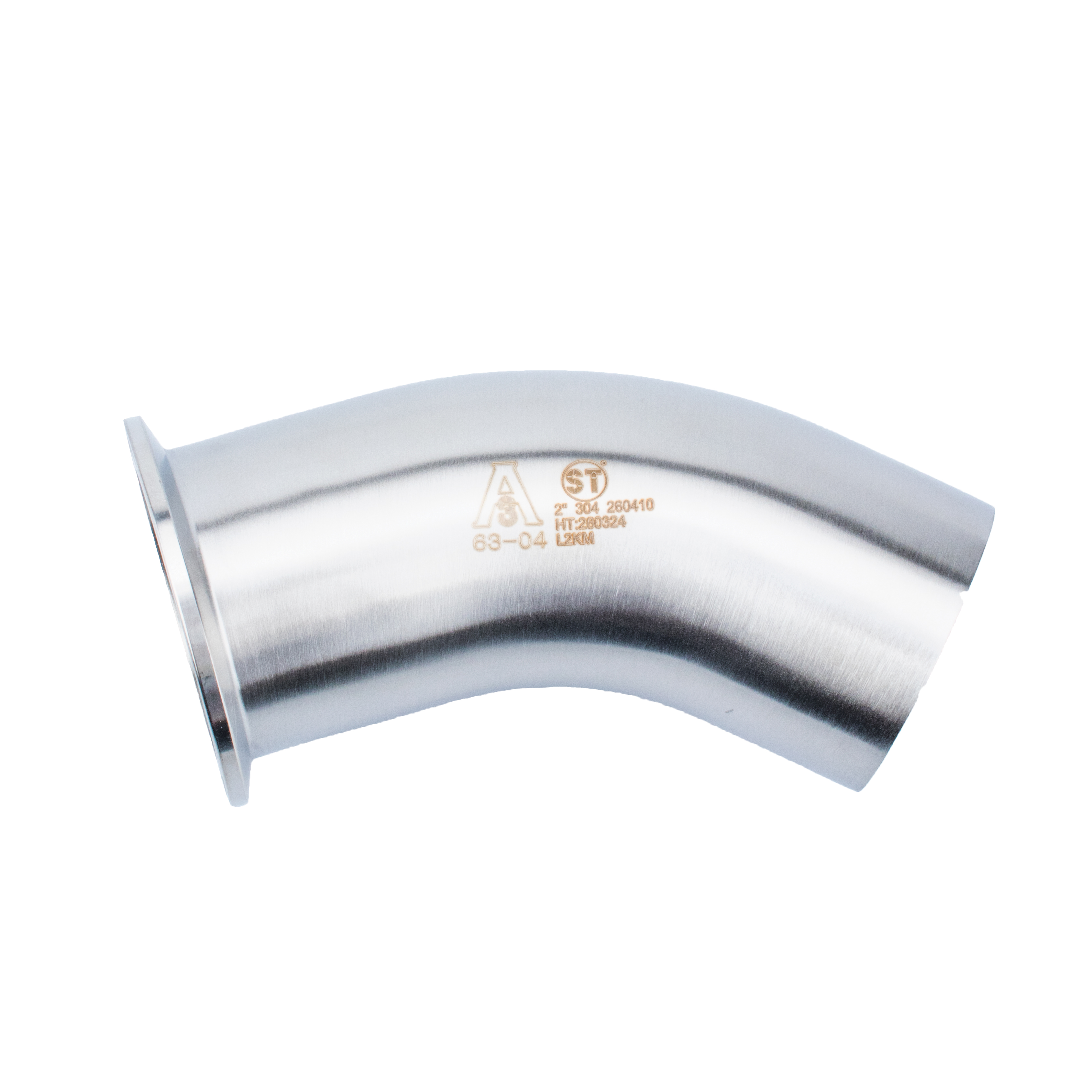 Clamp end and weld end connection close-up on 45° long radius elbow