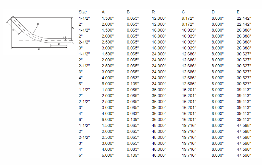 2KXL 45 degree sweep elbow technical drawing with centerline radius dimensions