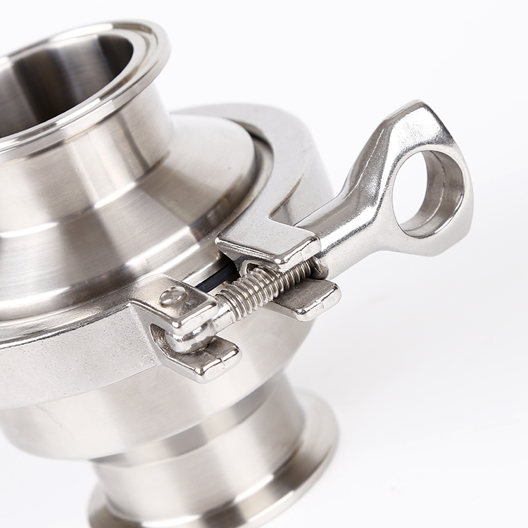 Close-up of 316L Sanitary Spring Check Valve Mod. SIG/55 polished surface and threaded ends